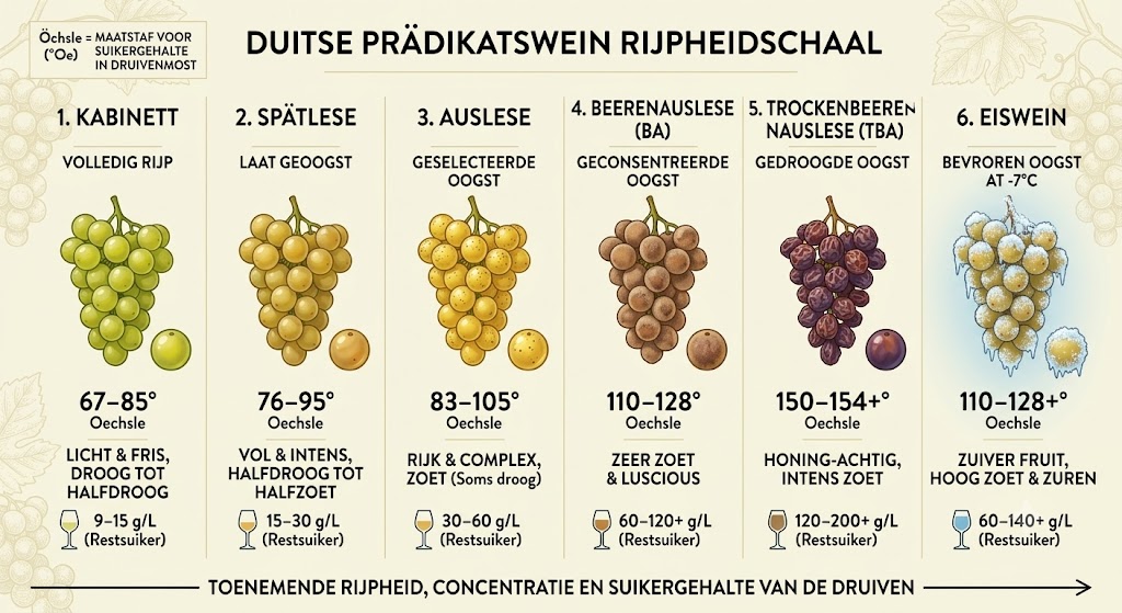 Overzicht van de Duitse Prädikatswein-niveaus en hun restsuikergehalte