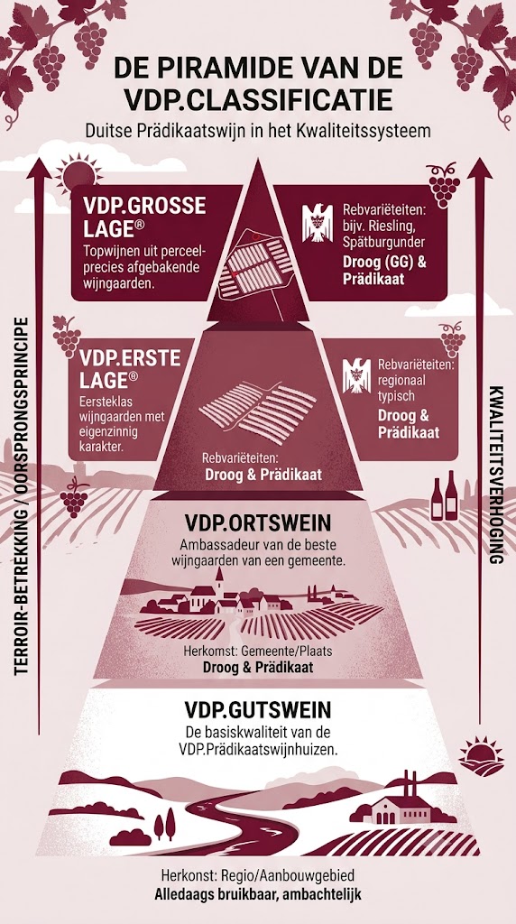 Infographic van de VDP-classificatiepiramide, van Gutswein tot Grosse Lage