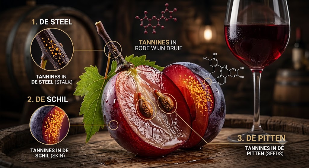 Waar tannines in de druif zitten: steel, schil en pitten