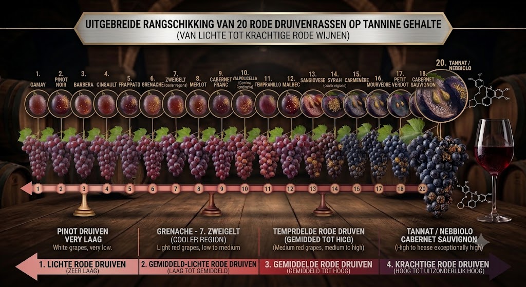 Rangschikking van 20 rode druivenrassen op tanninegehalte, van laag naar hoog