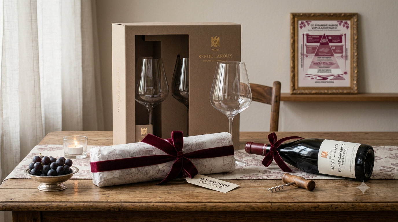 Een cadeauverpakking met wijnglazen, een fles wijn en een ingepakt cadeau